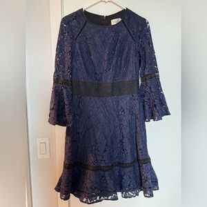 Eliza J Lace Dress Bell Quarter Sleeve Cocktail Mini Navy Blue Black Casual